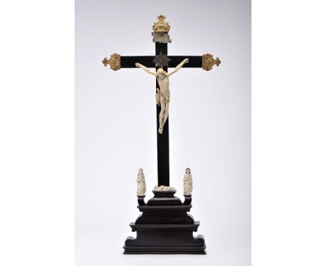 The Calvary - Crucified Christ, Our Lady, Saint John and Saint Mary Magdalene, partially painted ivory carvings, Indo-Portugu