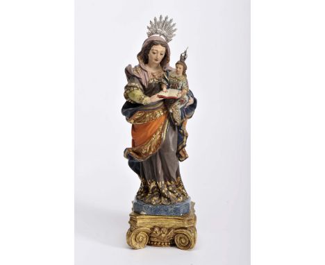 Saint Anne teaching Our Lady to read, gilt and polychrome wood sculpture, glass eyes, silver crown and halo en relief, Portug