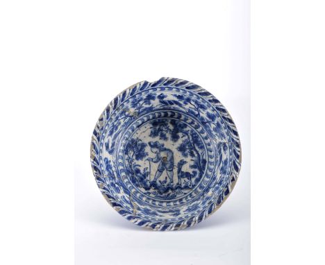 A basin, faience from Lisbon, so-called «Monte Sinai» blue decoration, centre with landscape "Nobleman and hounds", sponged u