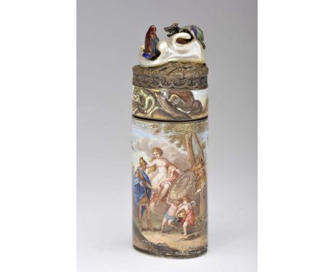 A flask, 800/1000 silver, enamelled and polychrome decoration "Jason swearing allegiance to Medea" and "Medea's Escape after 