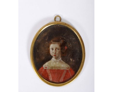 A portrait of a girl, an oval miniature on copper, gilt metal frame, Iberian school, 17th C., restoration, some faults on the
