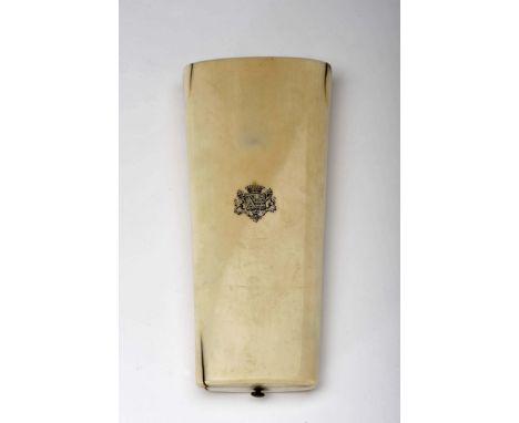 A sewing case, ivory, cover with black decoration with English family coat of arms - two shields supported by lions and surmo