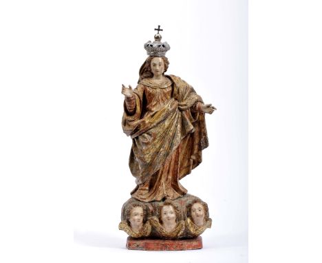 Our Lady on Clouds with Cherubs, gilt and polychrome wood sculpture, silver crown, Portuguese, 18th C., a broken and glued fi