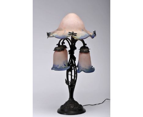 A desk lamp, Art Noveau, metal and glass paste, five lamps with lampshades and coloured glass paste dome, body simulating "Br