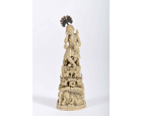Child Jesus The Good Shepherd, ivory sculpture, terraced base "Mary Magdalene, two lions and several sheep", partially gilt s