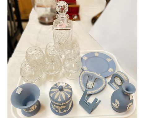 A Royal Doulton decanter and a set of 6 brandy glasses; six pieces of Wedgwood blue Jasper Ware. 