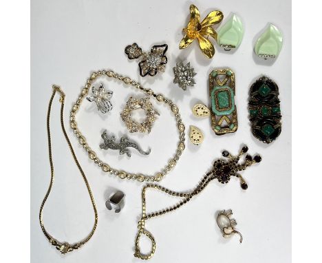 A selection of vintage and other costume jewellery including brooches, necklaces etc; three vintage buckles with jade coloure