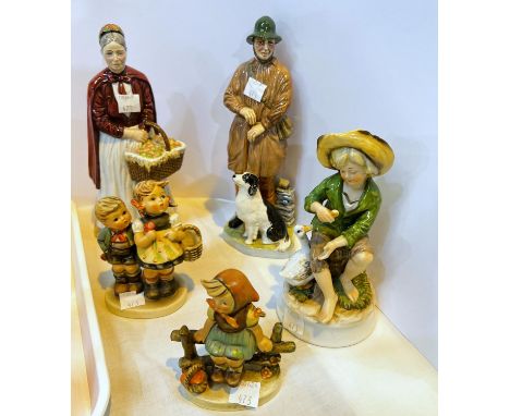 Two Coalport figures "The Shepherd" and "The Apple Lady"; 2 Hummel figures and a similar figure 