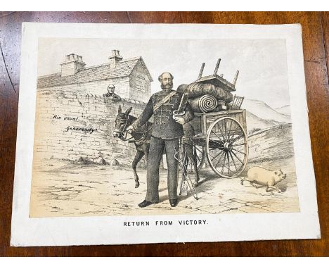 RETURN from VICTORY -&nbsp; 19th century satirical lithograph, 30 x 44cm and a selection of 10 other 19th century cartoons, m