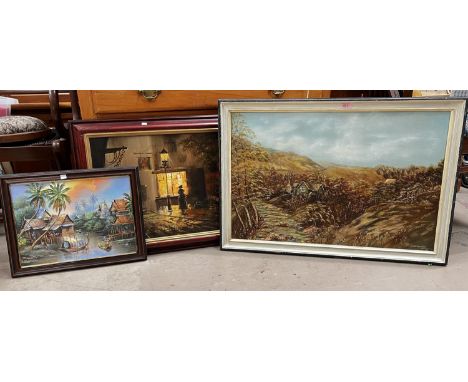B. M. Whittaker, river landscape with house, oil on canvas, signed 50 x 75cm, framed and 2 textured prints 
