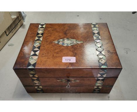 A 19th century ladies walnut jewellery/work box with mother of pearl and abalone inlay and fold out writing surface 