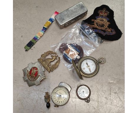 A selection of vintage military items inc. compass, a Chatelain Rotary Map measurer, a 3 prong lens measure with cover, Royal