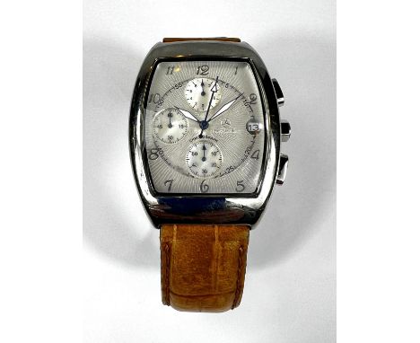 A gent's Mercedes-Benz wristwatch with white dial and roman numerals, 3 subsidiary mother-of-pearl dials, on brown leather st