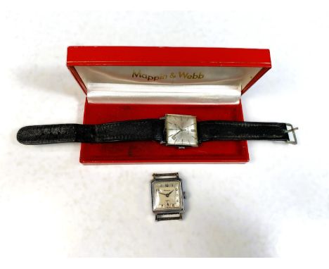 A vintage Mappin steel wristwatch with square silvered face, silver batons and hands and seconds sweep, date aperture, stampe