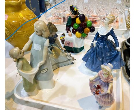 Four Royal Doulton figures "Old Balloon Seller" HN1315;&nbsp;"Fragrance" HN2334;&nbsp;"Lucy Anne;&nbsp;&nbsp;"Playmates" HN31