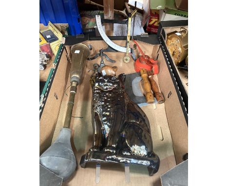 A vitreous metal cat companion set holder; a vintage car horn; 2 sets of scales, 2 oil cans and 2 vegetable choppers 