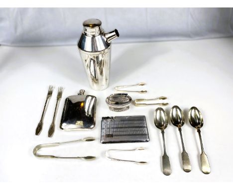 An Art Deco silver plated cocktail shaker; a hip flask; cigarette lighter/cigarette case and Ronson table lighter, silver spo