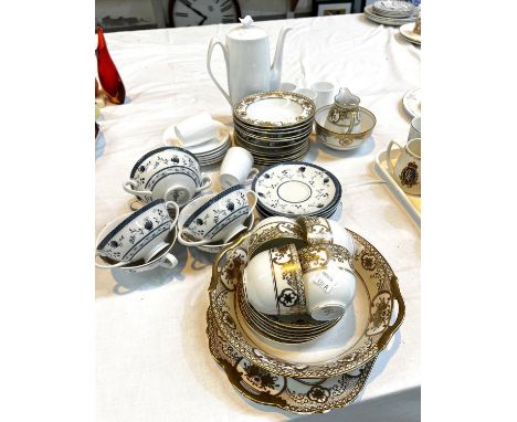 A Noritake gilt bordered part tea set, approx. 26 pieces; a Spode plain white coffee set and 6 Royal Doulton "Cambridge" soup
