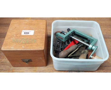 A small 'Favourite' cased clock makers lathe and a collection of other watch makers tools etc  