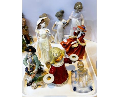 Three Nao figures of girls; a Coalport figure "Vicky"; a Royal Doulton figure "Top o' the Hill" and three other figures. 