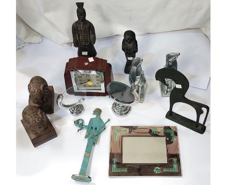 An Art Deco style table lamp with leaded glass shade and decorative metalwork etc 