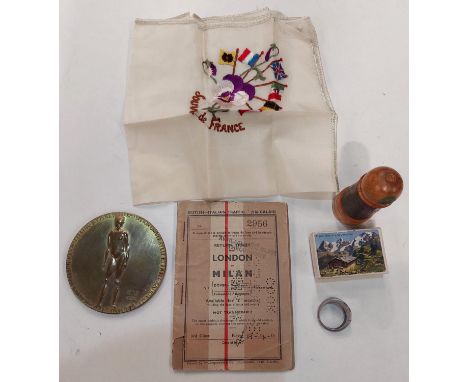 A selection of vintage collectables inc. an embroidered silk handkerchief souvenir of France, a perfume bottle with stopper i