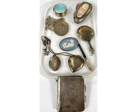 A selection of miniature silver items inc. notebook holder, shell mounted snuff box; mirror,pendants, pendants, enamel top bo