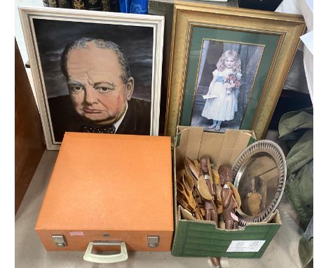 Two modern wooden African figures and other similar items; a Brexton mid 20th century picnic box; an oil picture of Winston C