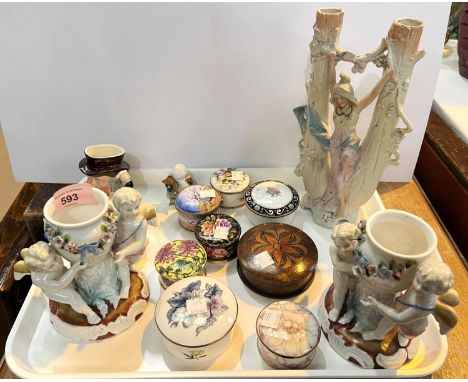 A pair of continental cherub vases, enamel pots and ceramic figures etc 