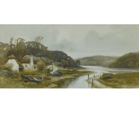 After Ernest William Haslehurst (1866-1949), a coloured print, a remote estuary scene with figure and boats to the foreground