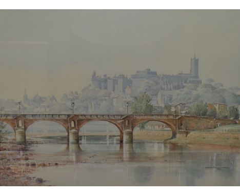 After Mario Ottonello (1929-2012), a coloured print, A view of Lancaster Castle with Skerton Bridge in the middleground, sign