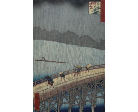 After Utagawa Hiroshige (1797-1858, Japanese), A woodblock print, 'A Sudden Shower over Shin-Ohashi Bridge and Atake', framed