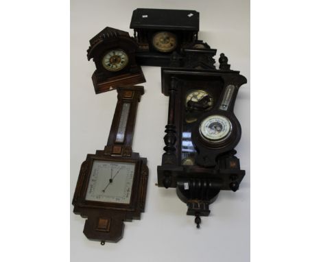 A 1930's oak cased two function barometer, 86cm, a Vienna cased wall clock, small two function barometer and two Victorian ma