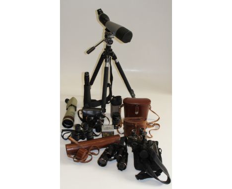 An RSPB AG80 spotting scope, a Kowa TSN-3 scope, a pair of Zeiss Victory FL binoculars, two earlier leather cased pairs of Ze