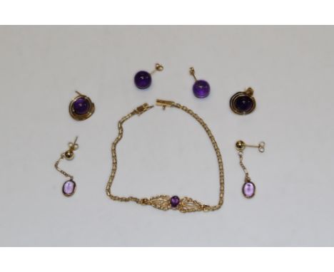 Collection of 14k gold and amethyst jewellery to include three pairs of earrings and one amethyst bracelet&nbsp;