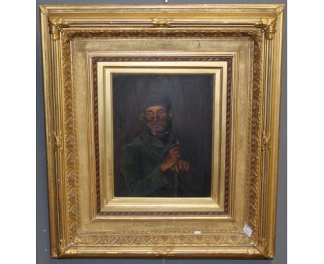 Mid 19th century British School Portrait of a gentleman holding a staff and smoking, oil on panel, framed, 25 x 19cm