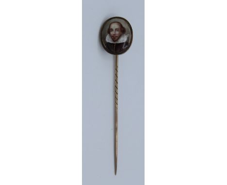 Antique gold stick pin with miniature enamel Chandos style portrait of William Shakespeare painted on copper ground. In origi