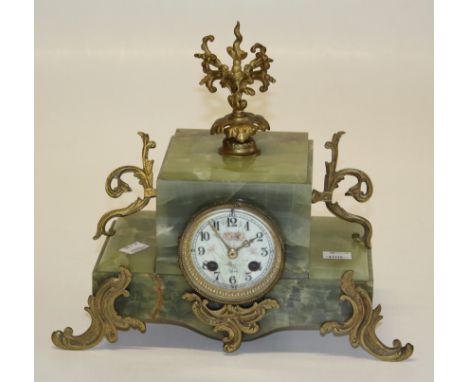 A 19th century French onyx and gilt metal mounted mantle clock with eight day bell striking movement and florally painted Ara