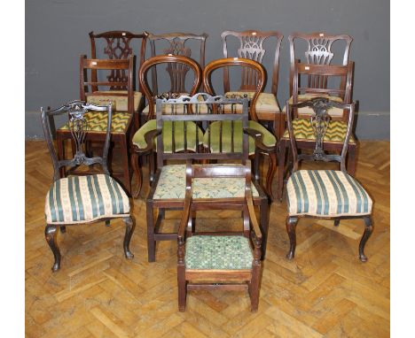 Twelve various chairs including a mid 18th century North Country chair, various Chippendale style chairs, a Victorian chair a