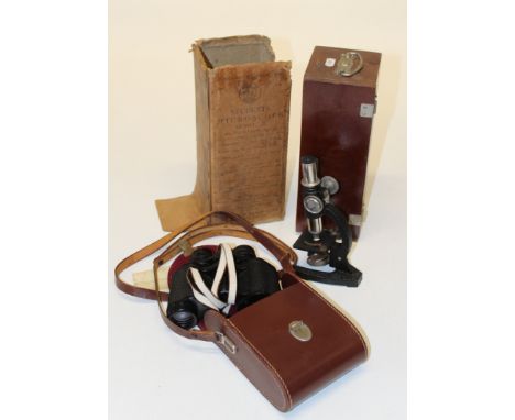 Students microscope (100x) in original case and selection of slides together with a pair of Carl Zeiss Jena 8x30 binoculars i
