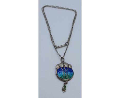 A Liberty and Co style silver and enamel pendant necklace on a chain marked for Birmingham 1909. Height 4cm, width 2.5cm, dep