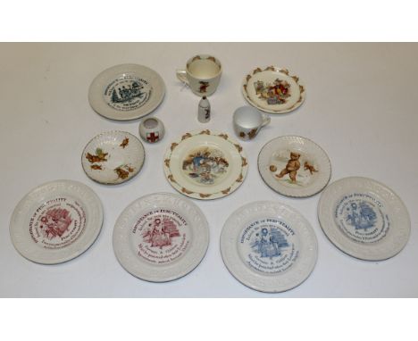 Five 19th ' Nursery' plates, Importance of Punctuality, 17cm, a Bunnykins trio, a teddy bear sporting trio and two pieces of 