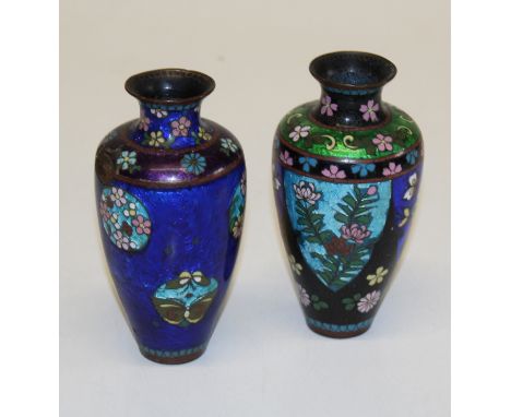 Pair of vintage ceramic/ foil over copper flower vases. One at fault, 15cm high