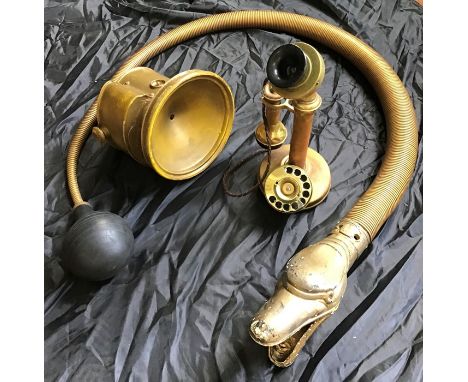 Brass Snake Horn (working), as used on Chitty, along with spare headlamp , ,brass Telephone and Gramophone