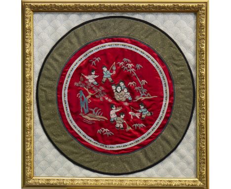 THREE 20TH CENTURY CHINESE EMBROIDERED SILK PANELS, depicting figural, bird and architectural scenes, each framed and under g