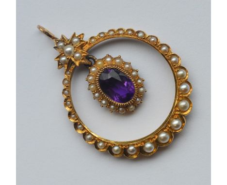 A 15 carat amethyst and pearl drop pendant with loop top. Approx. 7.5 grams. Est. £500 - £800.