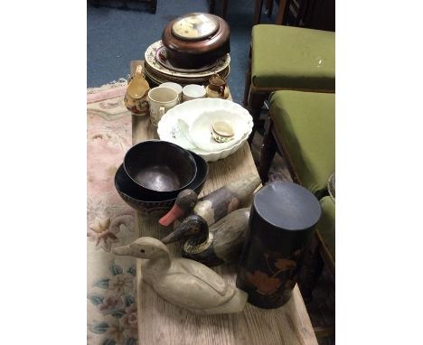 Decoy ducks together with a mantle clock, etc.