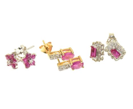 Three pairs of ruby and diamond earringsTo include a two pairs of ruby and diamond cluster earrings, together with a pair of 