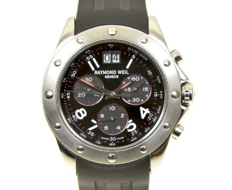 A stainless steel Raymond Weil wristwatchThe circular black dial with Arabic hour markers and triple subsidiary dials, to the