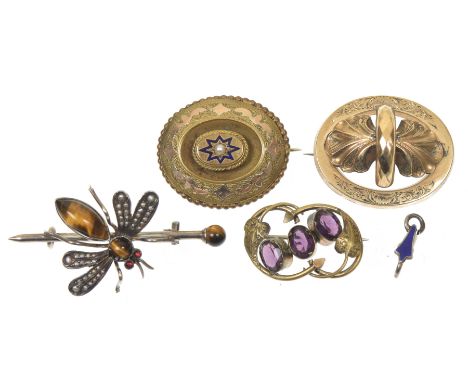 A selection of jewelleryTo include a tiger's eye and split pearl bug brooch, three Victorian brooches, and a surmount, length